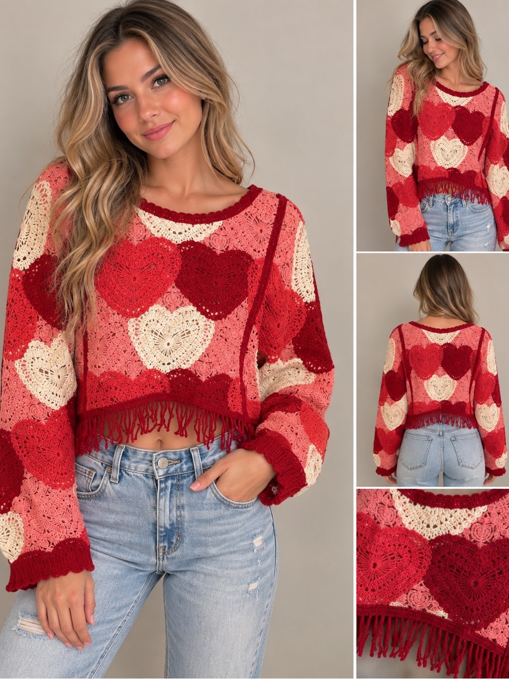 House of Harlow 1960 Red, Cream & Pink Heart Crochet Fringe Sweater